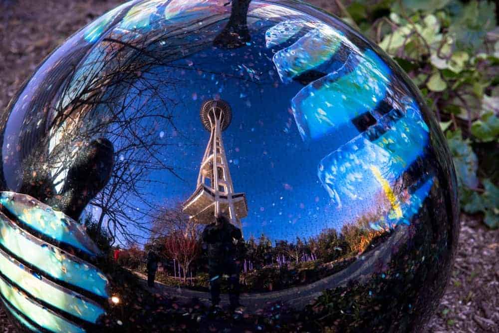 Chihuly Garden sphere with the Space Needle reflection in Seattle, Washington