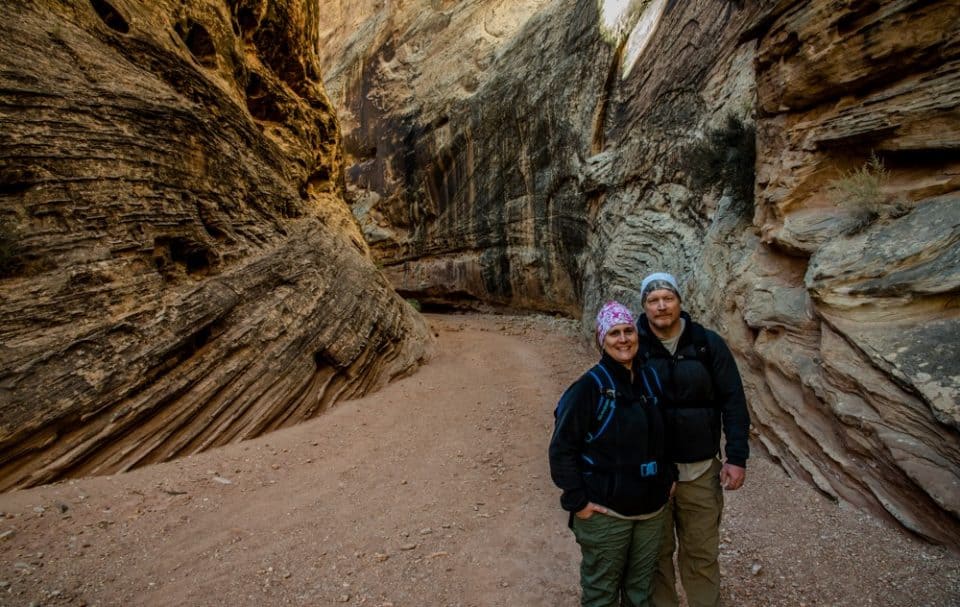 Dave and Jamie from Photo Jeepers, the photography workshop instructors, in a slot canyon at Capitol Reef National Park, Utah