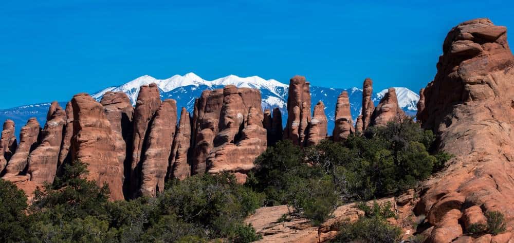 Fins at Arches National Park with snow-capped mountains in the background.