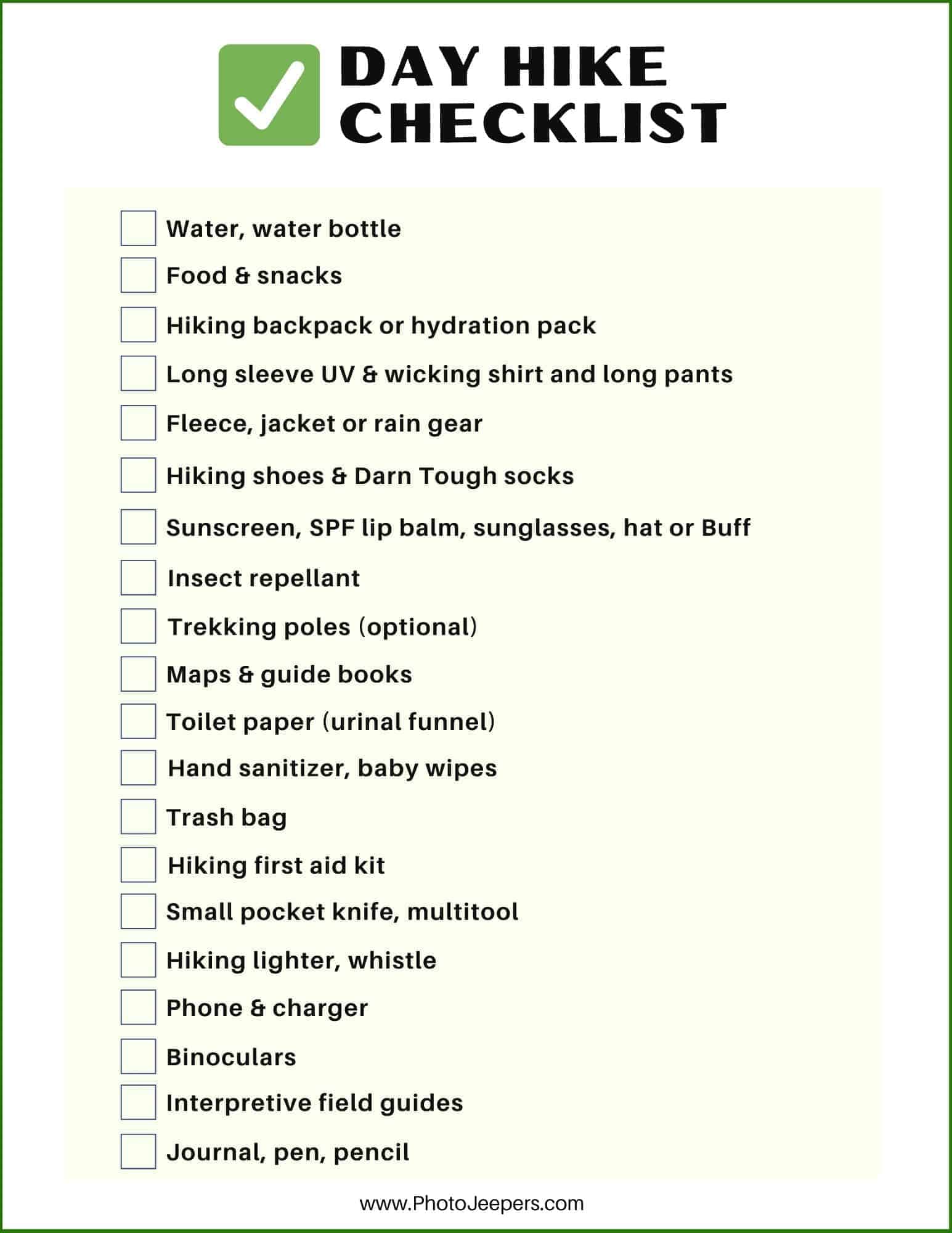 Knowing what to bring on a hike isn’t easy. If you’ve ever struggled to know what to pack for a day hike, keep reading to discover our ultimate day hike checklist! #hike #hiking #hikinggear #photojeepers