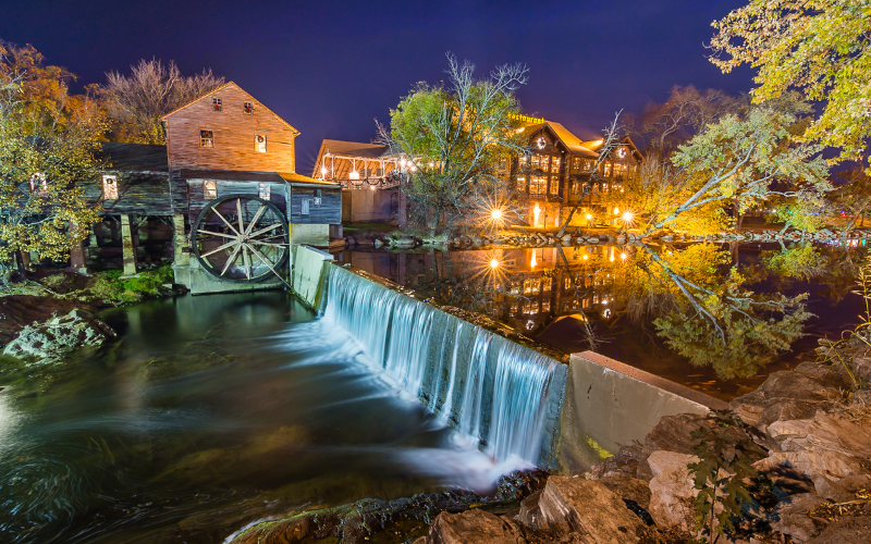 Pigeon Forge at night near Great Smoky Mountains National Park