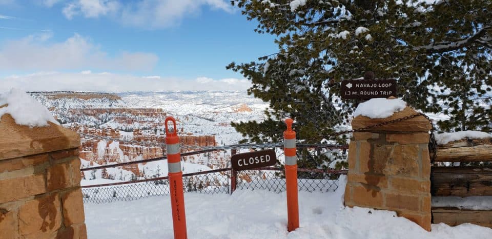 Navajo Loop trail at Bryce Canyon closed in the winter.