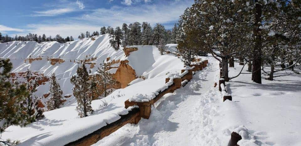 Rim Trail at Bryce Canyon with snow.
