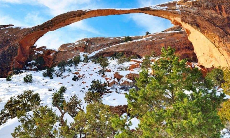 Landscape Arch with snow at Arches National Park.