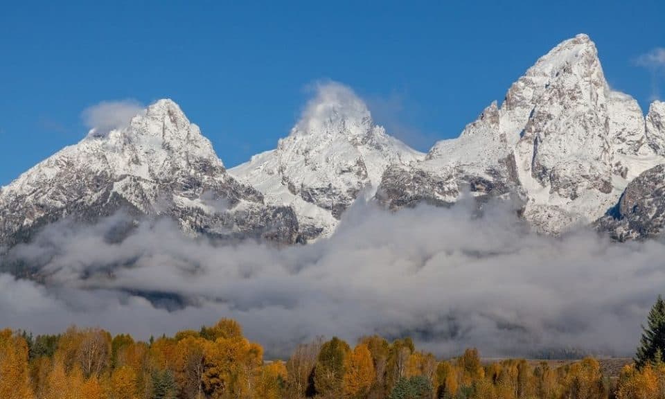 Grand Teton mountain peaks with snow in the fall
