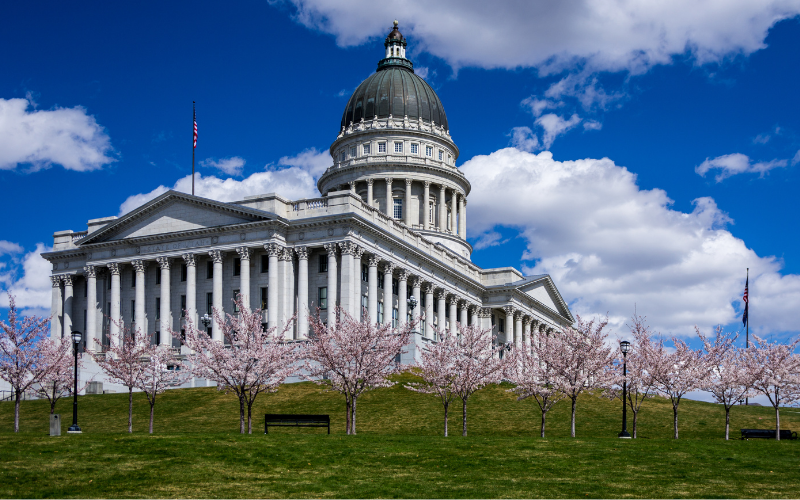 Utah State Capitol with cherry blossoms
