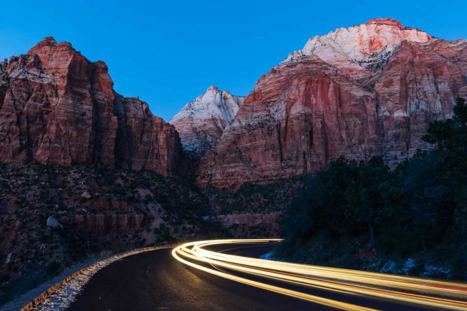 head light along road in Zion National Park