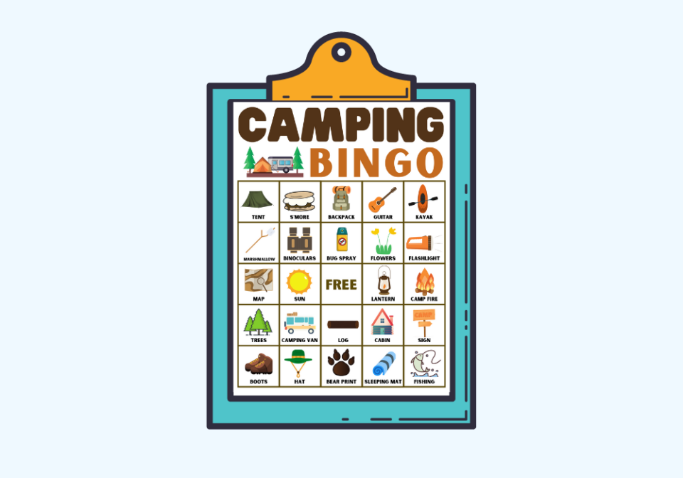camping bingo on a clipboard
