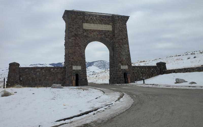 Roosevelt Arch at Yellowstone in the snow