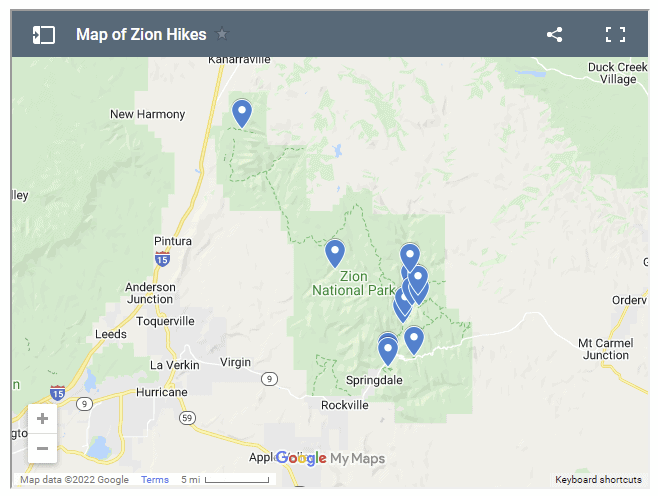 map of Zion hikes