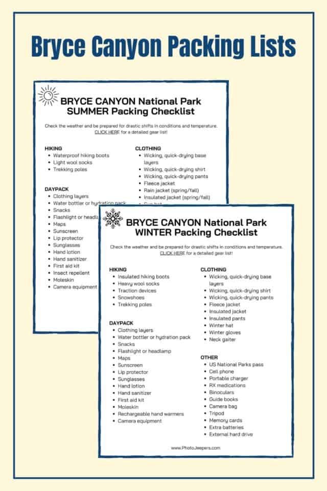 Bryce Canyon packing lists pin