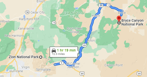 Zion to Bryce Canyon map