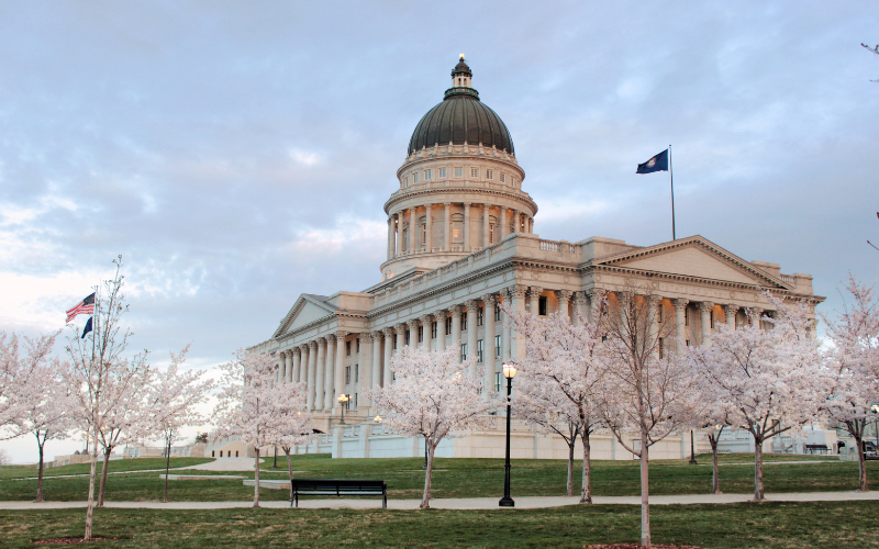 Utah State Capitol in the spring with cherry blossoms