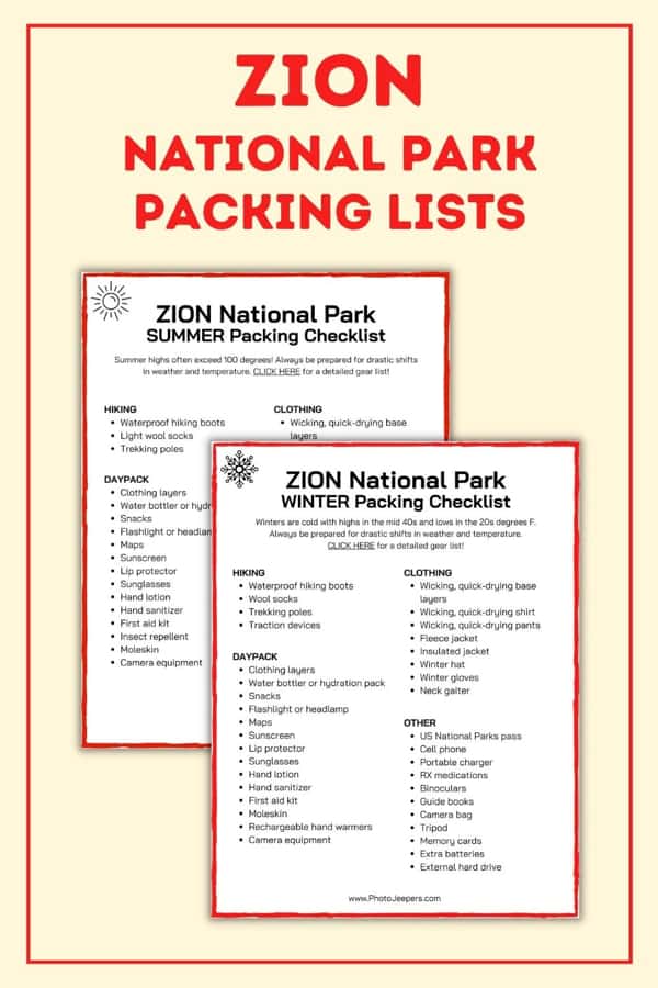 Zion National Park packing lists