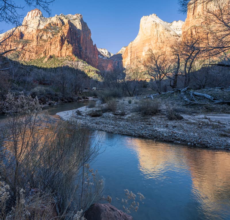 Three Patriarchs reflection in the River at Zion