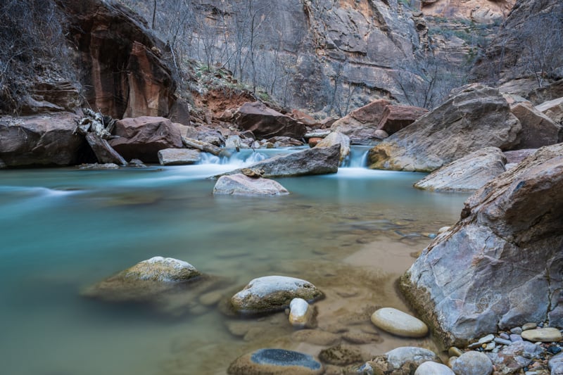 river and waterfalls along the Virgin River at Zion