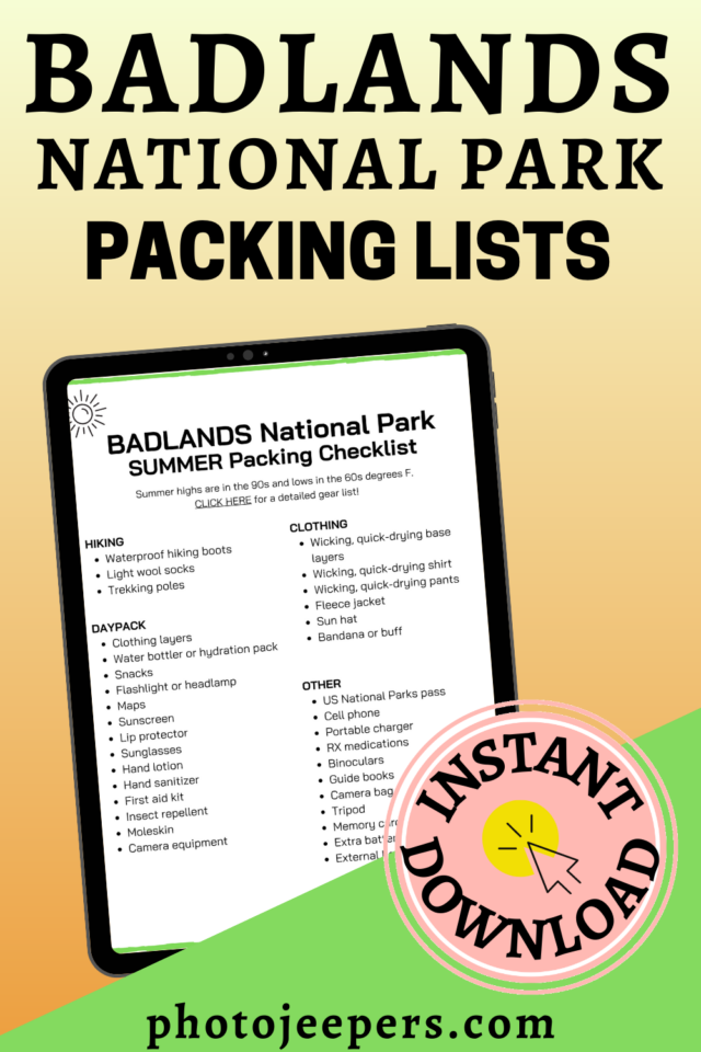 Badlands National Park packing lists instant download