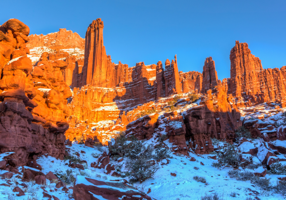 Moab Fisher Towers with snow