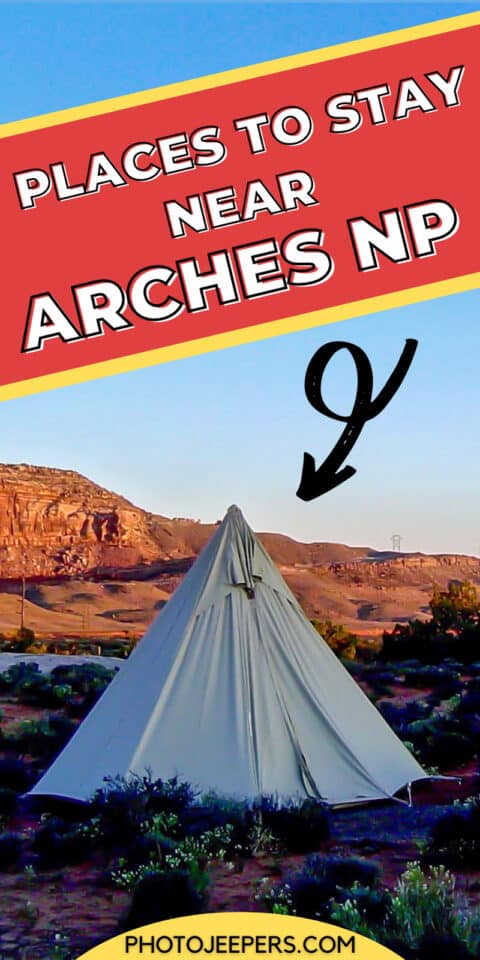glamping tent with text: Places to stay near arches national park