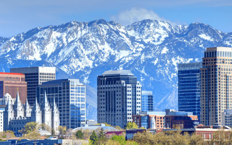 Salt Lake City skyline with snow-capped mountains in the background