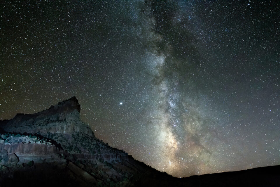 Milky way over Eph Hanks Tower at Capitol Reef