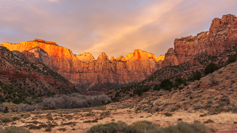 Towers of the Virgin Zion Nationa Park at golden hour