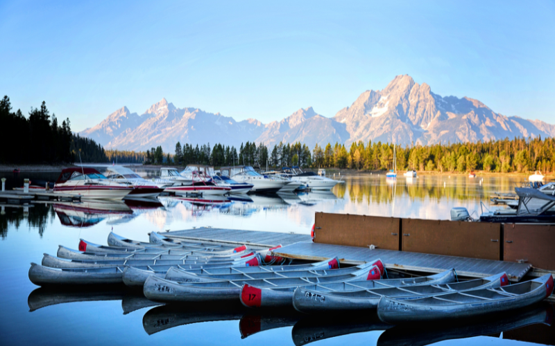 kayaks at Jackson Lake in Grand Teton in the summer
