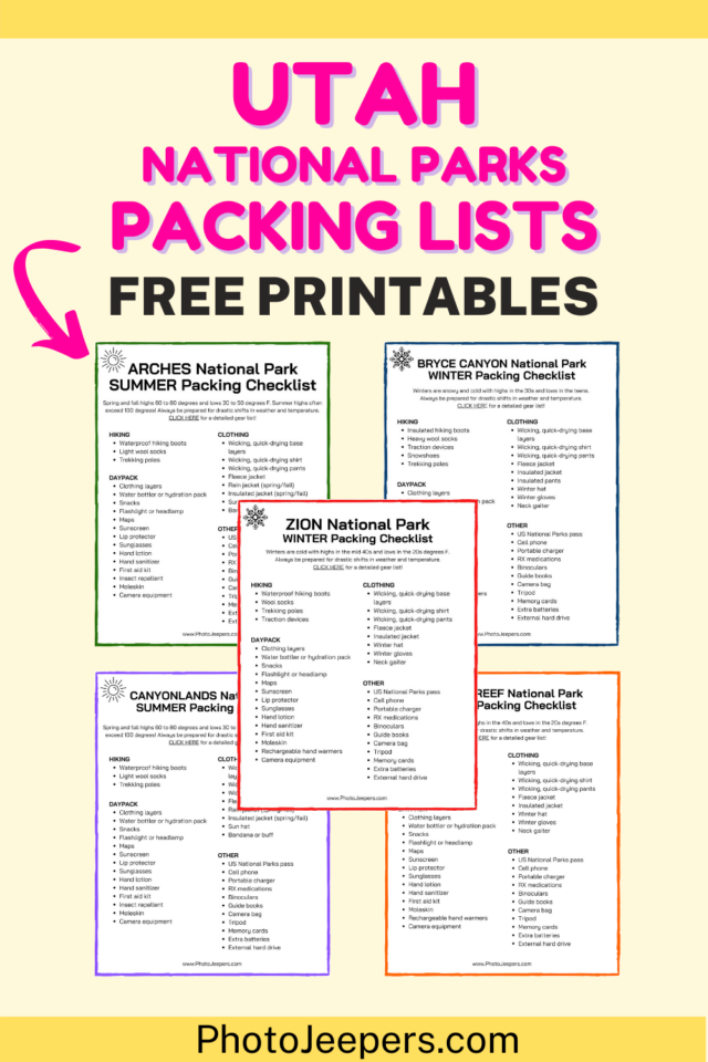 Utah National Parks packing lists free printables