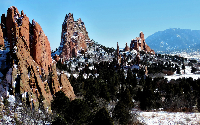 garden of the gods in the winter with snow