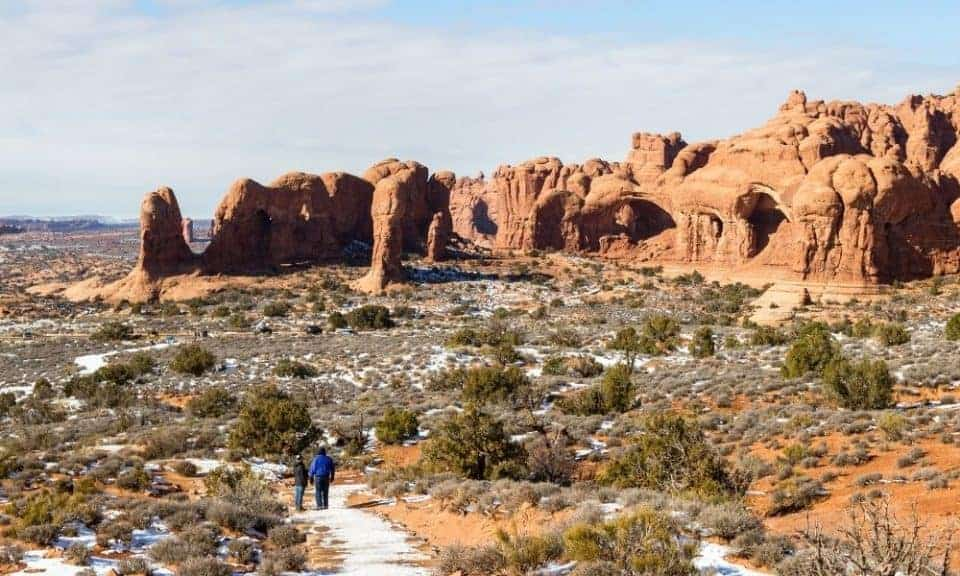 Hiking at Arches in the snow