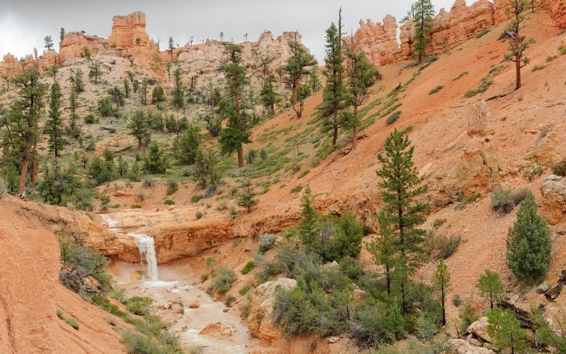 waterfall along mossy cave trail in bryce canyon