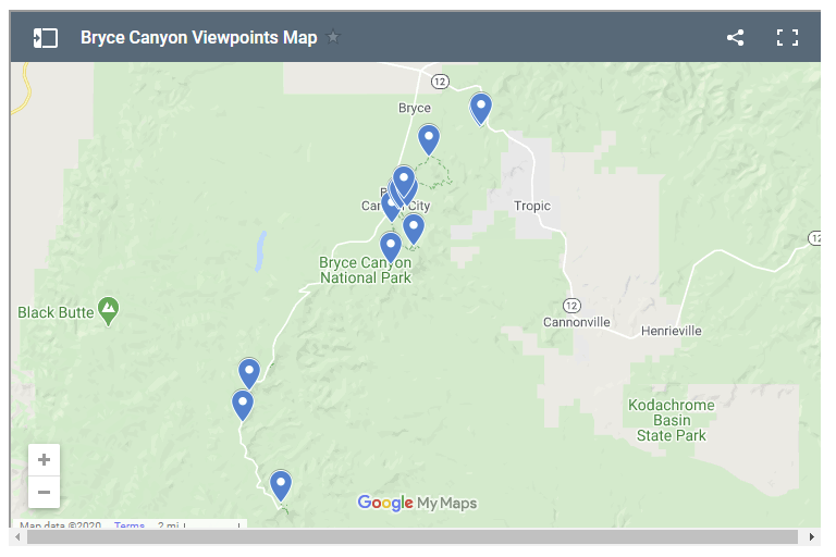 Map of Bryce Canyon viewpoints along the scenic drive