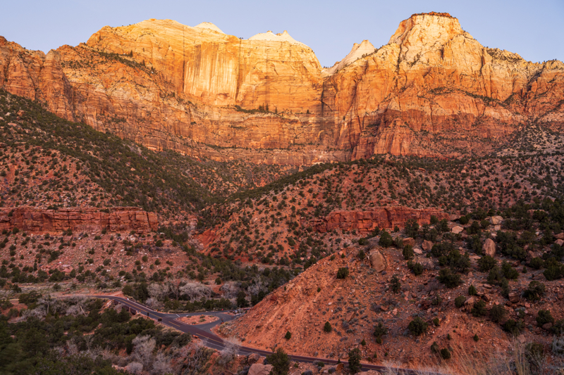 Zion at sunrise along the Highway 9 switchbacks