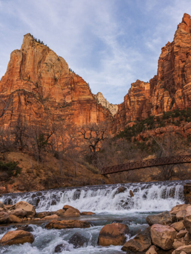 Three patriarchs waterfall and bridge at Zion NP Photo Jeepers 800