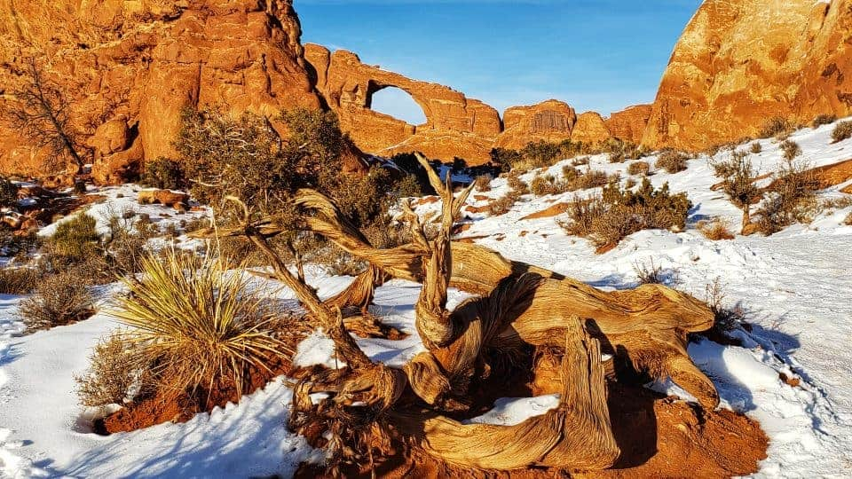 Skyline Arch with snow at Arches National Park.