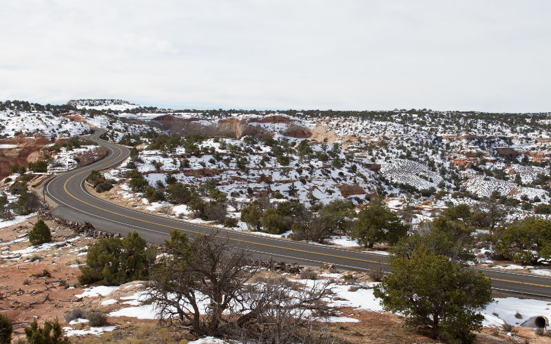 road through Canyonlands in the snow