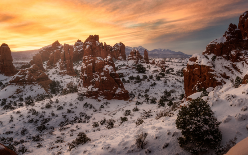 sunrise in Moab with snow