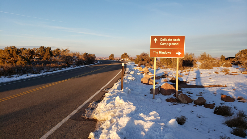 Arches National Park sign in the winter