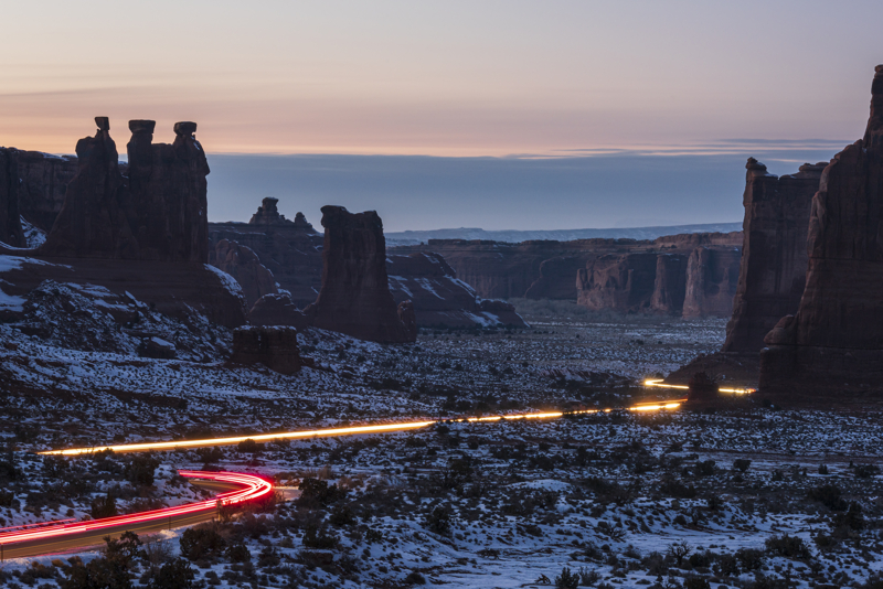 Arches scenic drive with light trails in the winter