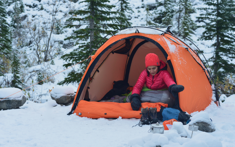 winter camping in a tent