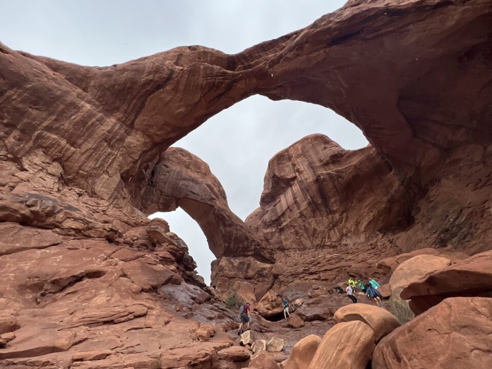 People scrambling around Double Arch