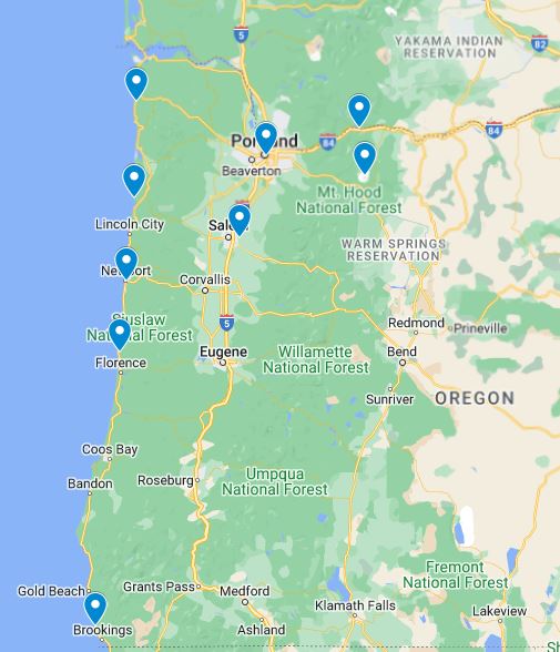 Map of places to visit in the winter in Oregon