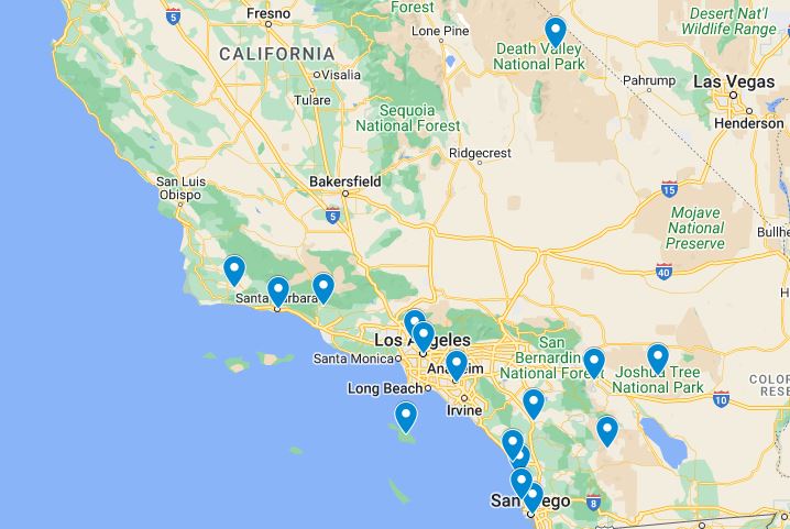 Southern California Vacation Spots map