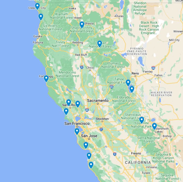  Northern California Vacation Spots map