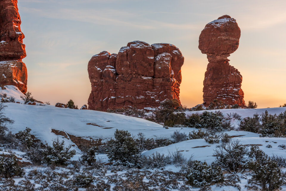 Balanced Rock at Arches National Park in the winter