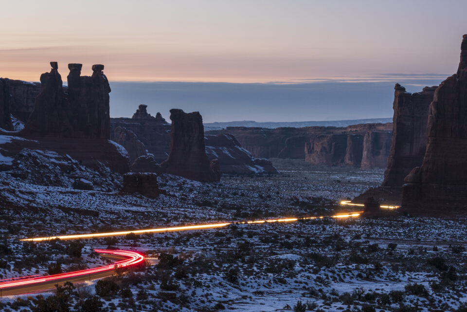 Arches scenic drive at night in the winter