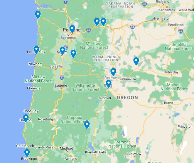 Map of Places to Visit in Oregon in March