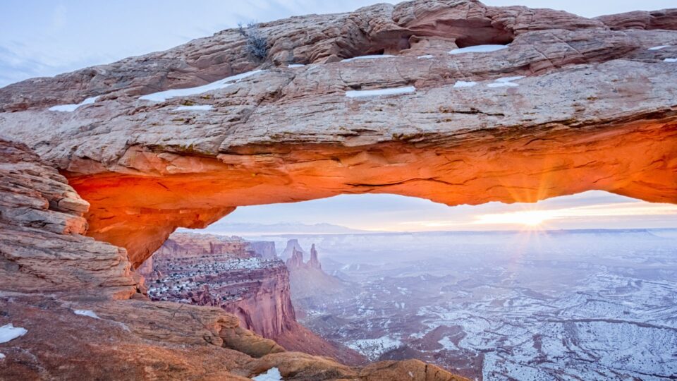 Mesa Arch at Canyonlands with snow