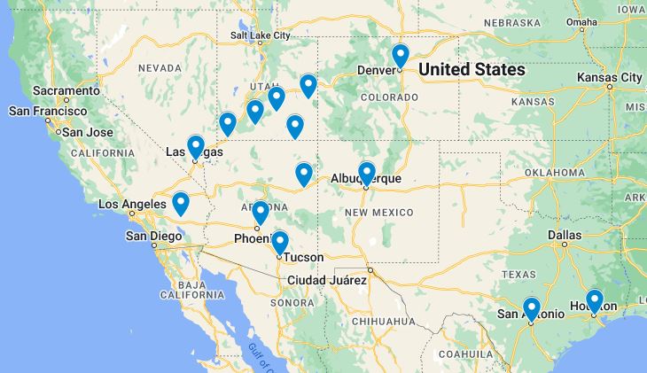 map of places to go in March in the Southwest