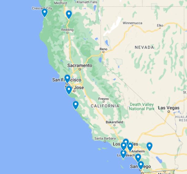 California map of places to visit in March
